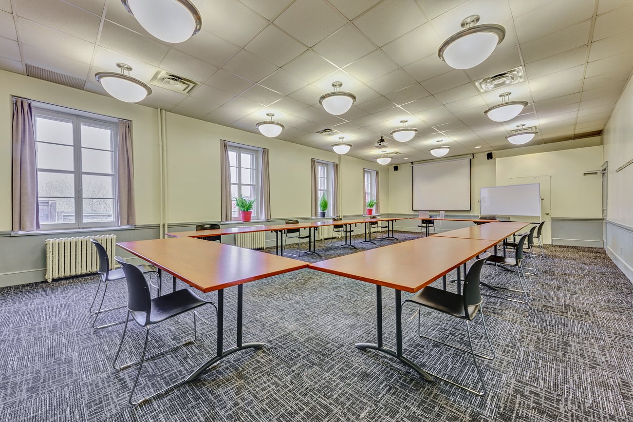 Meeting room with orange-topped tables arranged in a U-shape, surrounded by black chairs. Three tall windows with mauve curtains line the left and back walls, each with a small potted plant on the sill. A projector screen and whiteboard stand at the far right. The room has grey patterned carpet, white drop-tile ceiling with dome pendant lights, and a cast-iron radiator along the left wall.